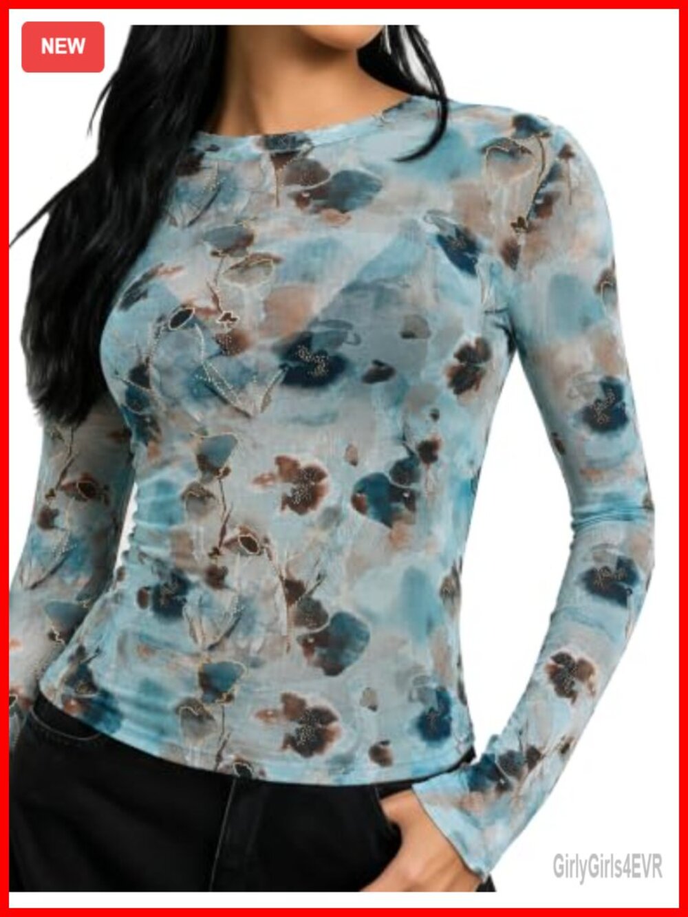 Sheer Mesh Long Sleeve Top See Through Printed Blouse Sexy Casual